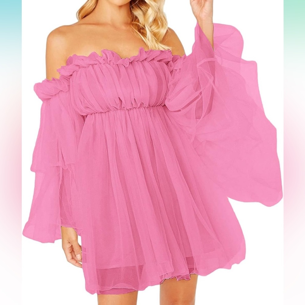 Off-the-shoulder Pink Flounce Dress NEW